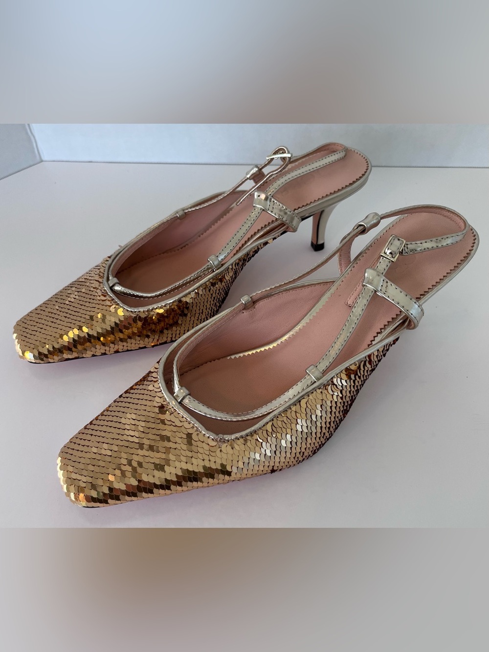 J Crew Gold Sequin Slingback Kitten Heels